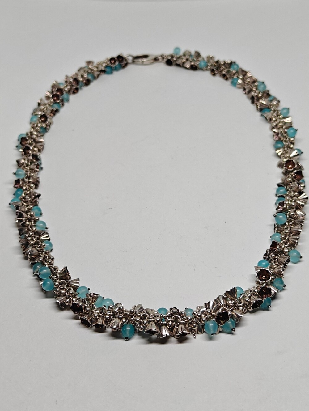 OOAK Sterling Silver Dangling Bell Flowers And Blue Stones Necklace